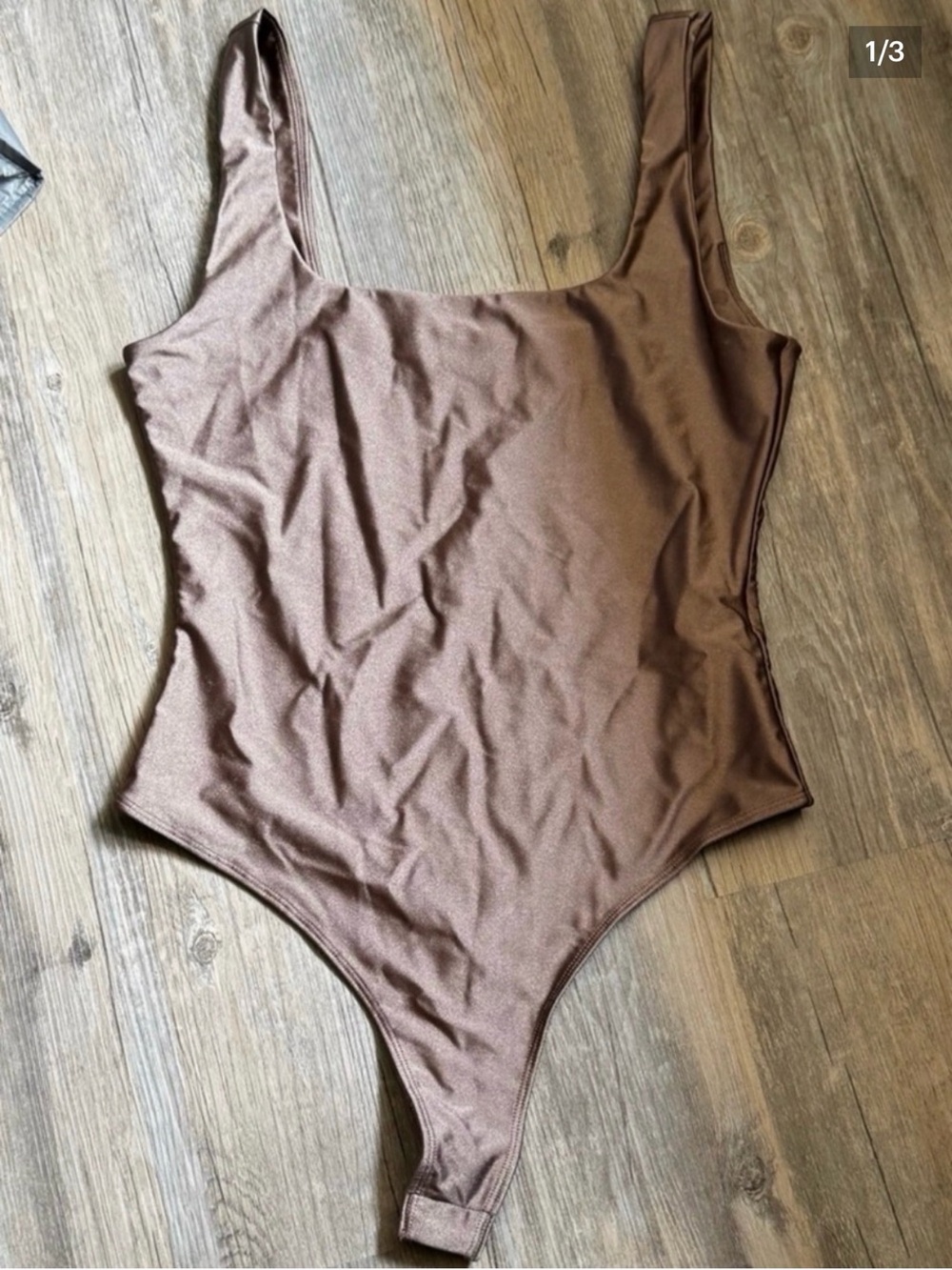 Dex Square Neck Shimmer Bodysuit in Metallic Brown Size Medium